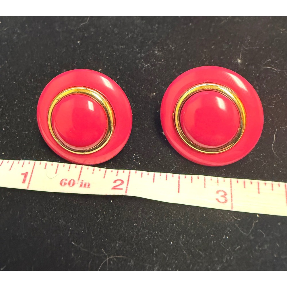 Vintage 80s Cherry Red Gold Button Earrings Oversized‎ Round Studs Retro Enamel